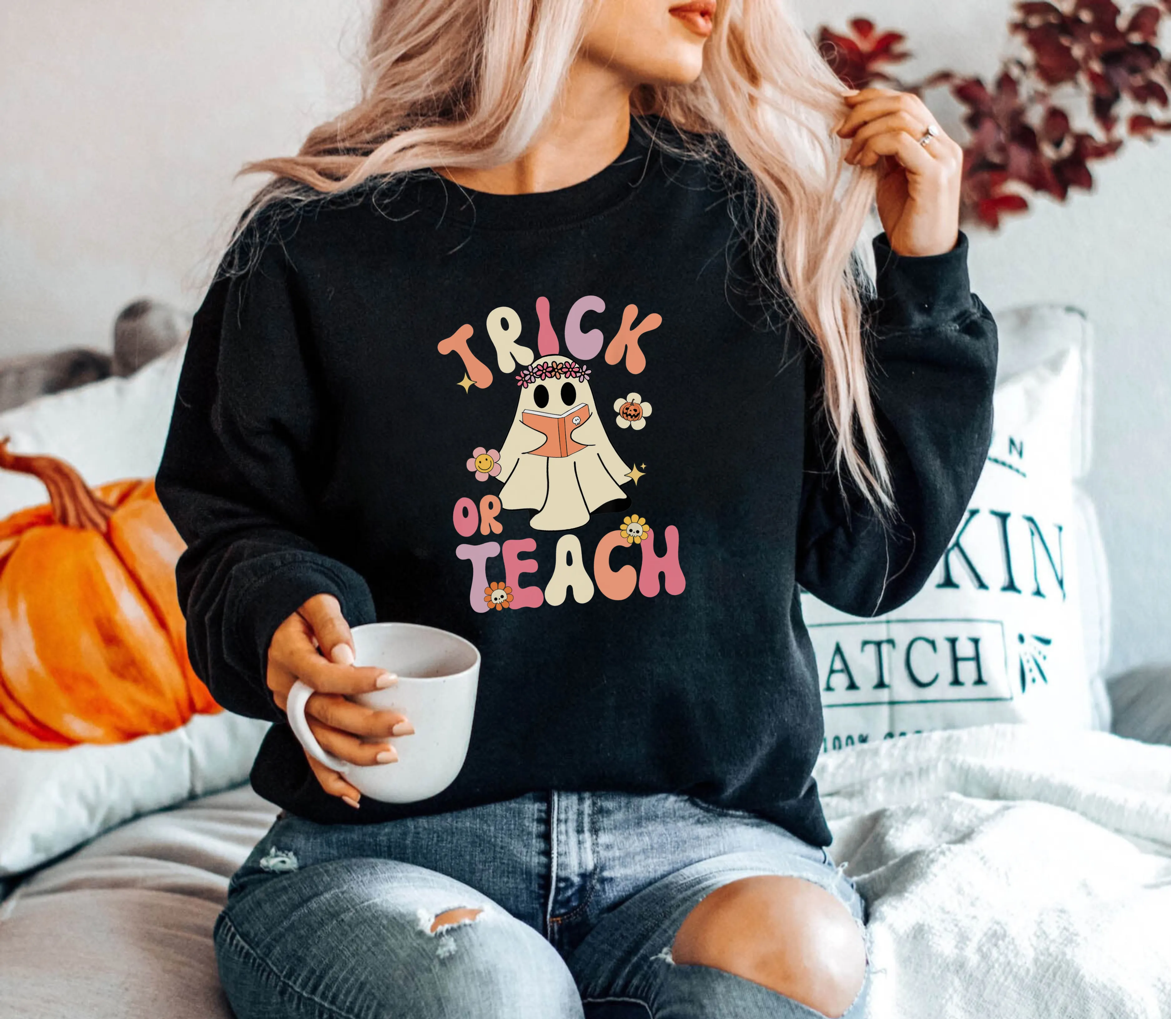 Trick or Teach | Retro Halloween Teacher Crewneck Sweatshirt