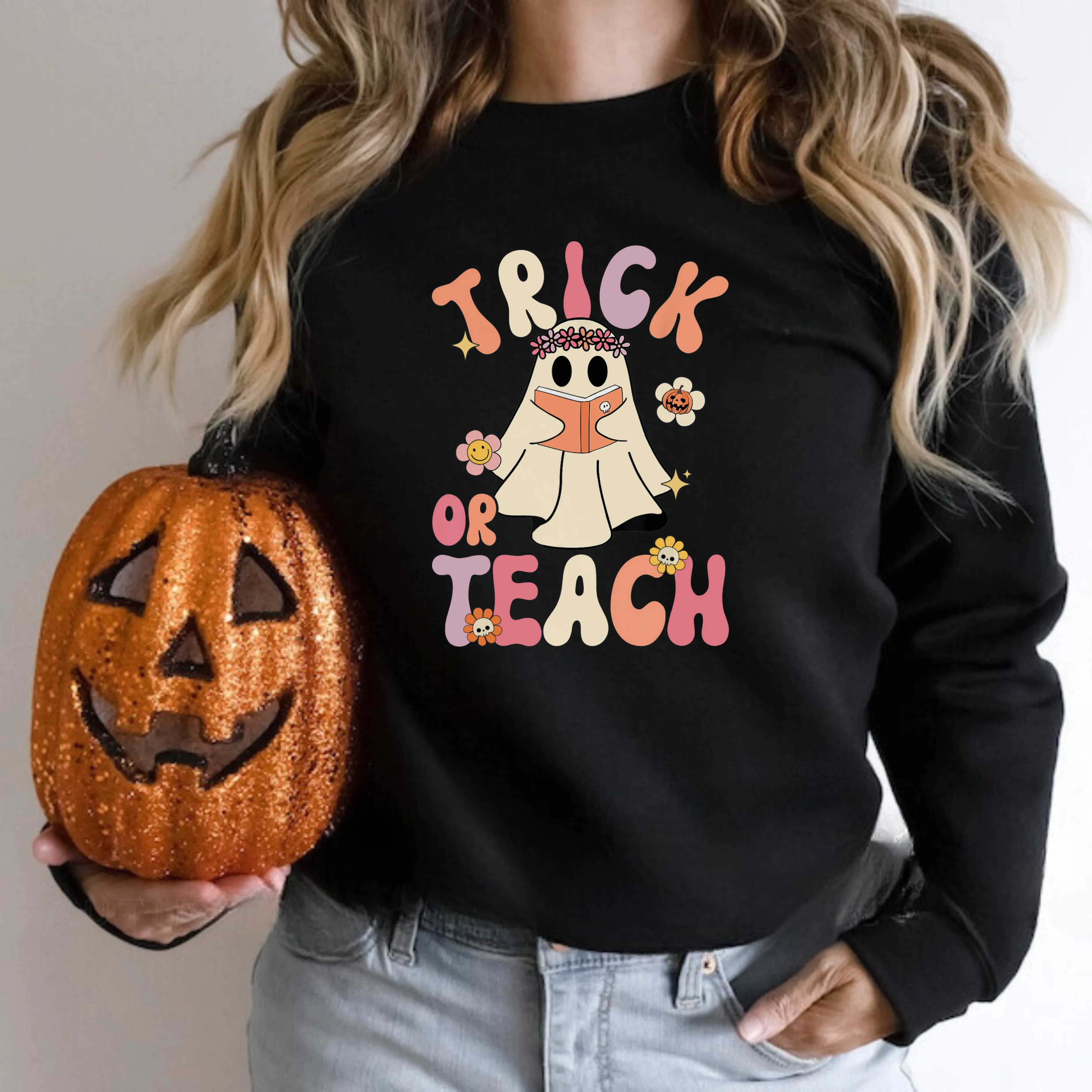 Trick or Teach | Retro Halloween Teacher Crewneck Sweatshirt