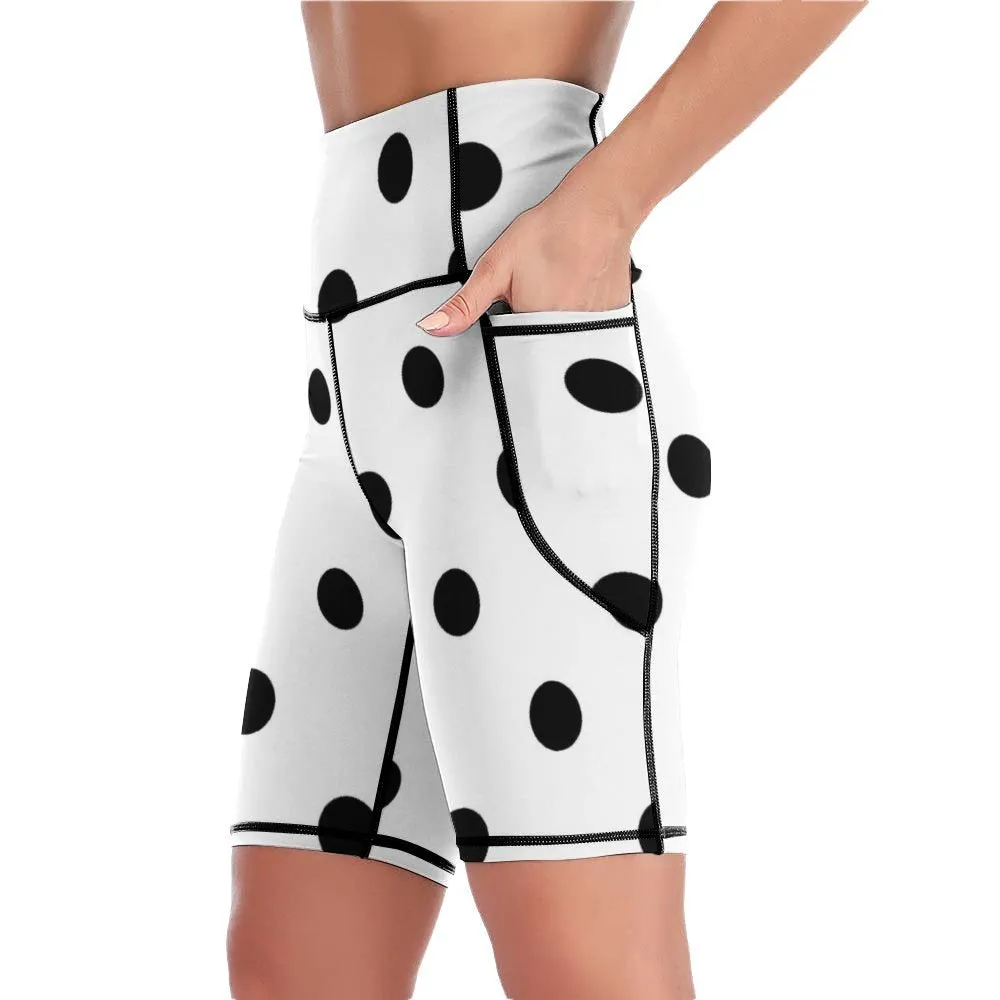 White With Black Polka Dots Women's Knee Length Athletic Yoga Shorts With Pockets