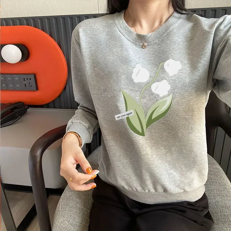 Women's Printing Flower Sweater Spring and Autumn 2023 New Fashion Round Neck Age Reducing All-match Slim Long Sleeve Top