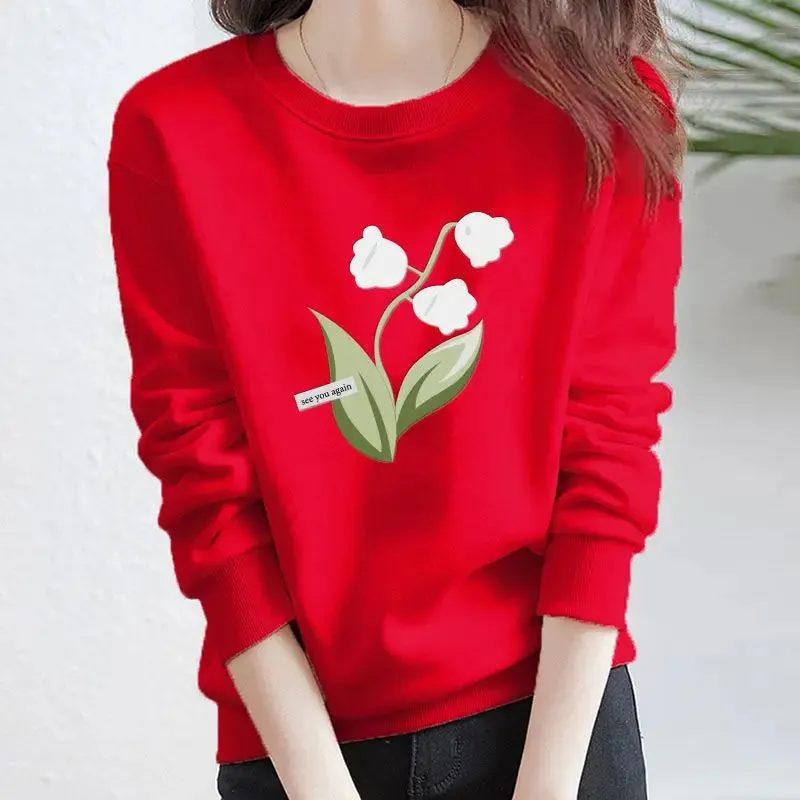 Women's Printing Flower Sweater Spring and Autumn 2023 New Fashion Round Neck Age Reducing All-match Slim Long Sleeve Top